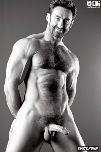 some body hair, nice abs, solo man body muscular, big bush, uncut tattooed arms perfect face big erect penis hugh jackman face
