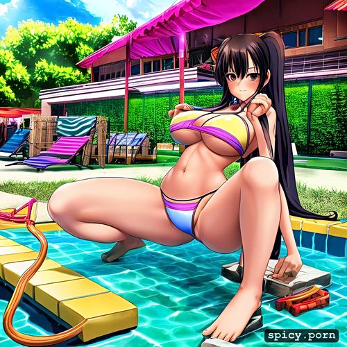 pool, ahegao, bikini, black hair, long hair, big boobs, squatting