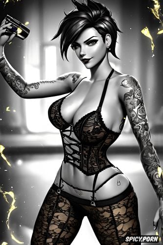 ultra realistic, tracer overwatch beautiful face young sexy low cut black lace corset and stockings