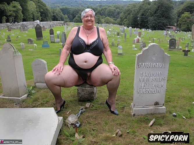 grave with headstone in a cemetery, nun dressed, fat legs, cellulite thighs