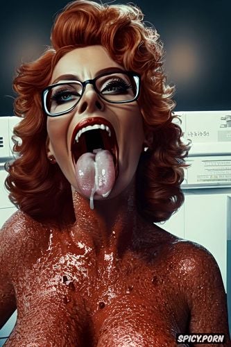 sperm on tongue, wide open mouth, big glasses, cum in moutn