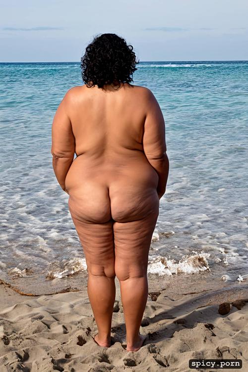 from behind, obese, at beach, short hair, small shrink boobs