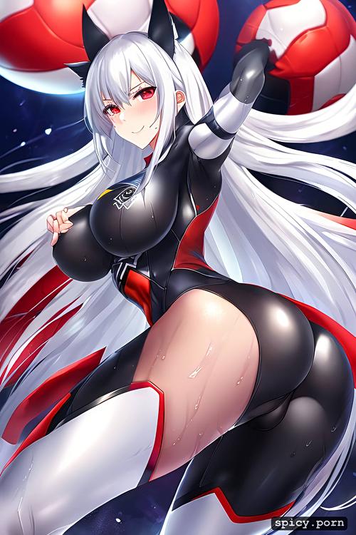 white hair colour, long hair, sweating, soccer, cat woman, showing of her ass