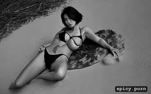 soft natural lighting, leica 50mm, on the beach in a black bikini