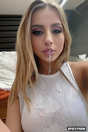 blonde balayage, cum on face, big saggy tits, real amateur polaroid selfie of a vengeful white spanish teen girlfriend