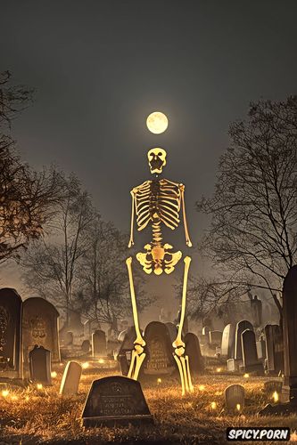 haunted graveyard at night, scary glowing walking human skeleton
