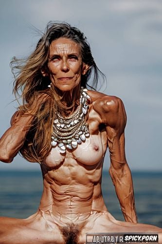 female athlete, 99 y o amazonian tribal granny, angry expression