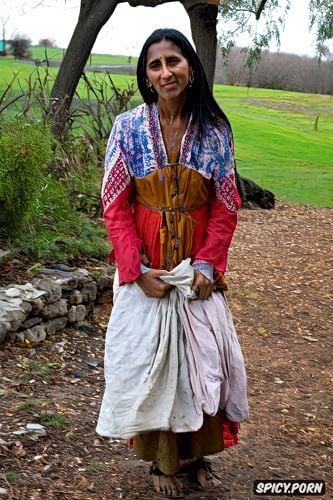 typical roma gyspsy clothing, secretly unveils her pussy for money