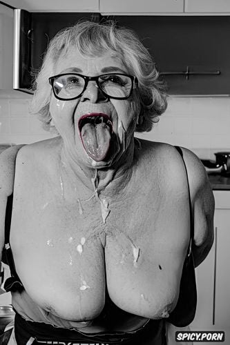 glasses, zombie, pale wrinkled skin, pov, in the kitchen, tremendous splash sperm on faces