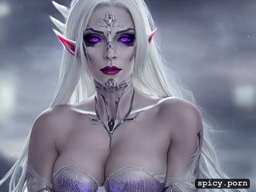 perfect slim albino female elf, long straight white hair, purple eyes