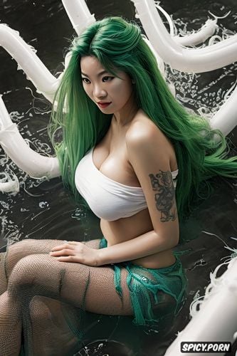bathing, medium boobs, solid colors, green hair, medium shot