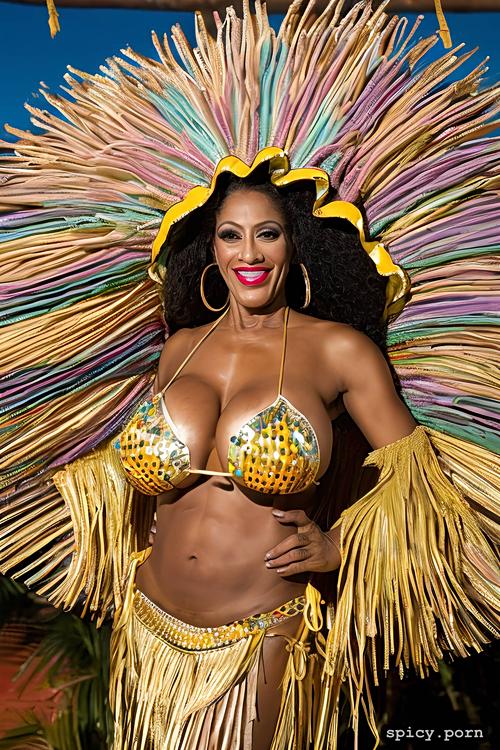 57 yo beautiful performing brazilian carnival dancer, perfect stunning smiling face