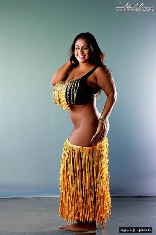 beautiful smiling face, beautiful tahitian dancer, full body view