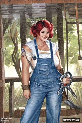 in a photorealistic art style, a monkey tail, red hair, holding a large wrench