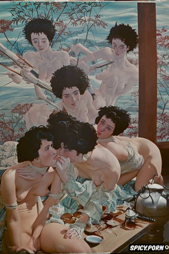 katsuhiro otomo, a group of women kneeling, raffaello sanzio da urbin