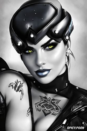 tattoos masterpiece, ultra detailed, widowmaker overwatch beautiful face young sexy low cut black and white bodysuit