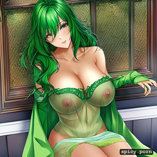 toilet, green hair, short, perfect face, exotic milf, see through clothes