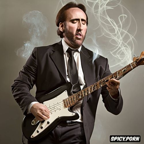 live concert, smoke, playing bass, nicolas cage, beautifully rendered hands