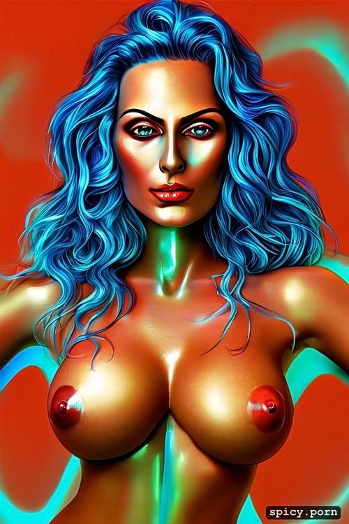 blue hair, toned, wavy hair, lasers background, 40 years, exotic milf