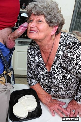 disgusted, granny looking at the dick, annoyed look, wearing chef hat