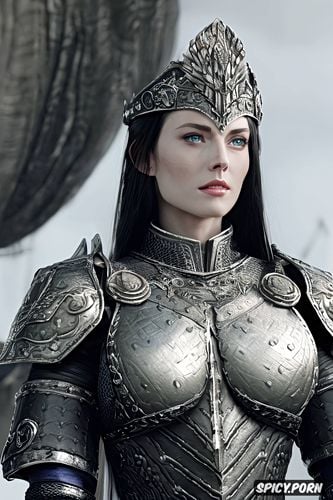 confident smirk, tiara, female knight, dark blue eyes, wearing green scale armor