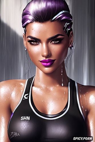 k shot on canon dslr, ultra detailed portrait, masterpiece, sombra overwatch female yoga instructor black yoga pants white sports bra sweaty beautiful face full lips milf