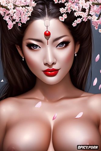 natural breasts, japan, extreme detail beautiful face milf, cherry blossom trees