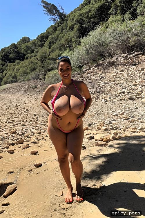 34 yo, full front view, solo, hour glass figure, very massive natural melons exposed