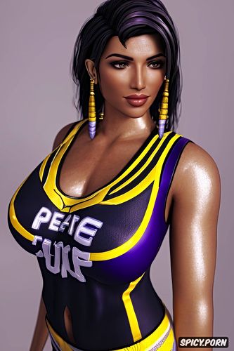 masterpiece, pharah overwatch beautiful face purple and gold basketball jersey purple and gold basketball shorts beautiful face busty milf