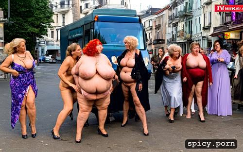 ultra detailed, full body face, highres, full nude body, obese prostitute granny group kissing sucking in busy street