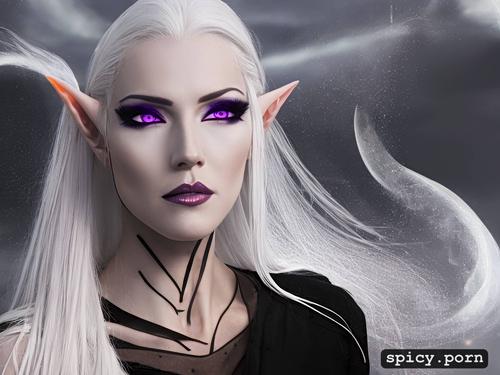 long straight white hair, purple eyes, white eyelashes, full body