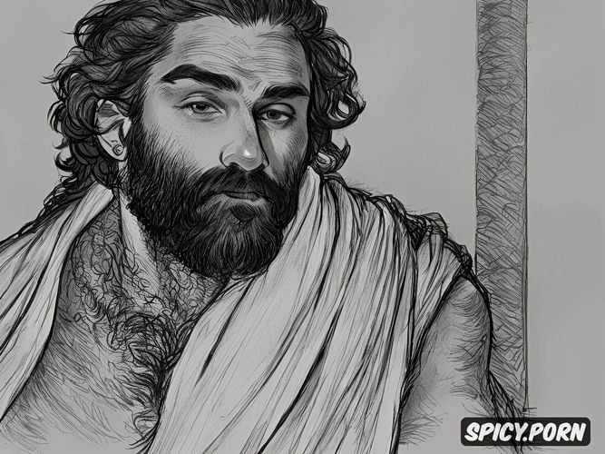 full shot, natural thick eyebrows, big dick, dark hair, rough artistic sketch of a bearded hairy man wearing a draped toga