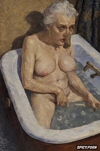 elderly woman, rembrandt oil painting, taking a bath, fauvism oil painting