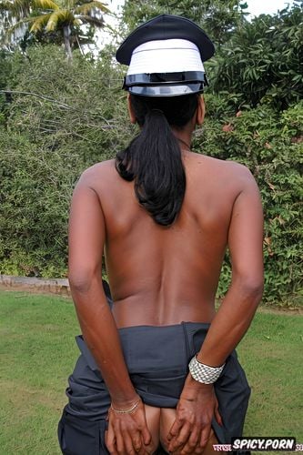 defined shocked face, khaki indian police uniform, naked bony ass