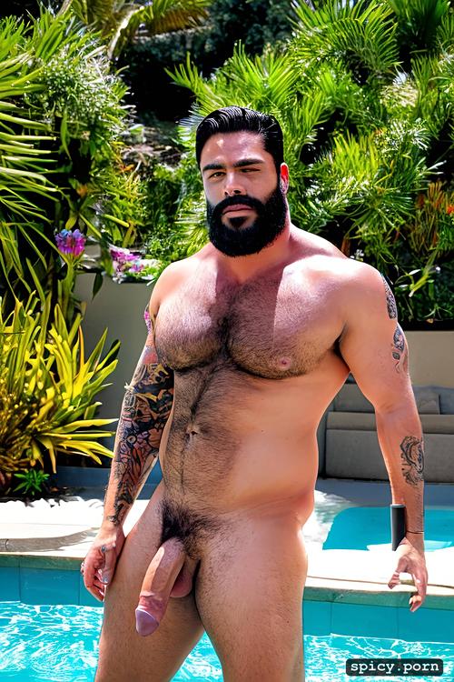 white mexican man gifted big erect penis muscular tattoos on arms handsome thick beard naked posing full body in pool perfect body erect penis