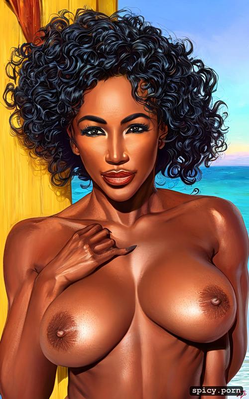 ebony lady, yellow curly hair, realistic, tall, fit body, sharp focus