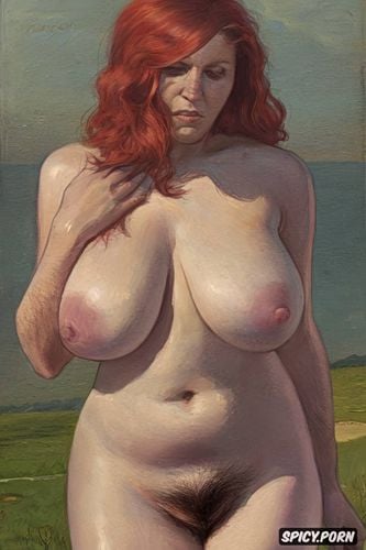 red hair, looking at the viewer, naked woman thick, front view