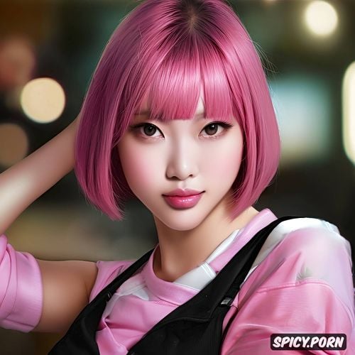chinese woman, pink hair, small tits, long legs, bobcut hair