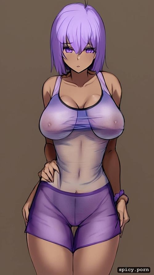 purple eyes, one pretty naked female, pastel colors, 20 yo, tanktop with underboob and short shorts