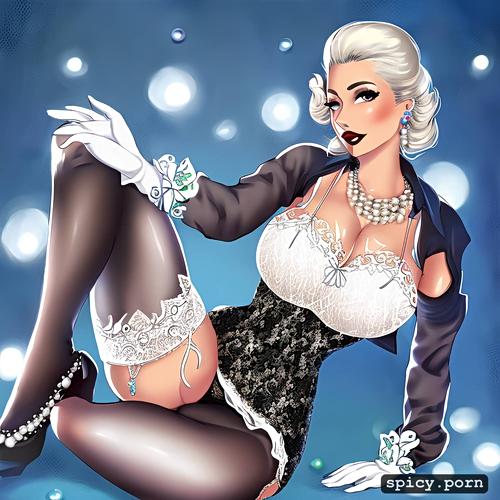 crinoline, stockings flowing hair, ultra realistic, lace gloves