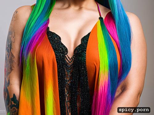 intricate hair, elegant gown, exposed breasts, vibrant colors