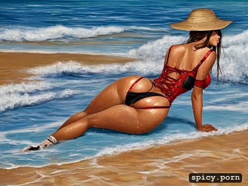 model face, by the ocean, warm colours1 2, anal fingering, ocean background