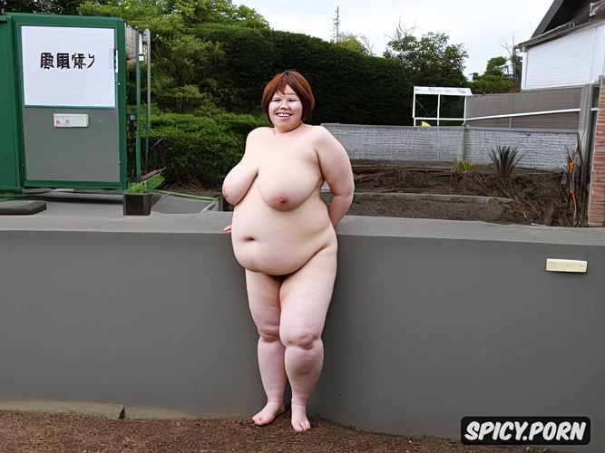 fat cute face, small woman, ssbbw japanese, standing straight in japan concrete large parking