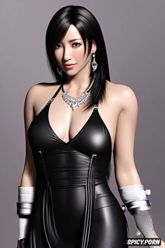 k shot on canon dslr, low cut strapless black evening gown, tifa lockhart