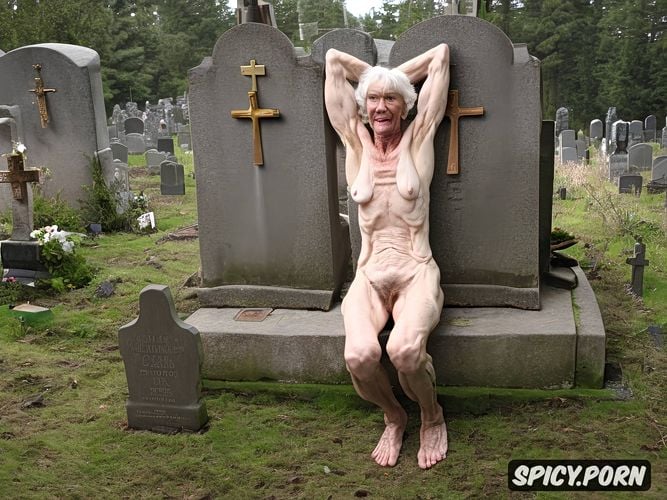 huge wooden crucifix in pussy, cemetery, scrawny, bony, very realistic