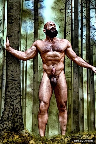 short hair, ugly face, athletic body, standing in a forest, bearded face