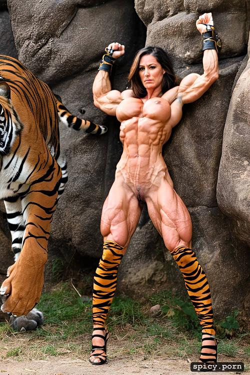 tiger chewing on tits, bound, ultra detailed, crush chains, nude muscle woman fight a tiger