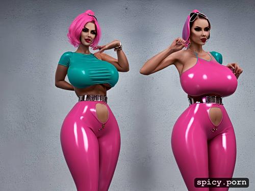 neon club background, standing forward, botox, pink pvc, giant tits