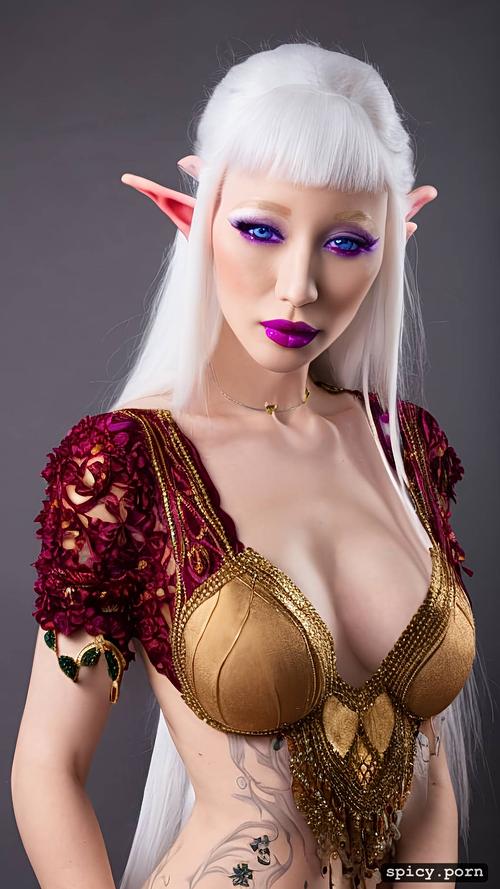 realistic, ultra detailed, white eyelashes, purple outfit, slim albino female elf