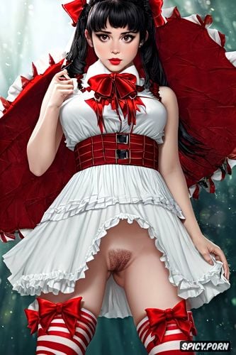 red frilly dress, bows and ribbons, cute young face, lydia deetz